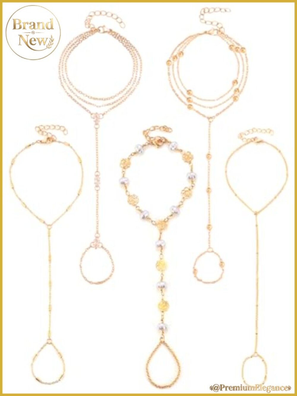 5 Piece Gold Plated Hand Chain Bracelet Set for Women, Adjustable Chic Jewelry